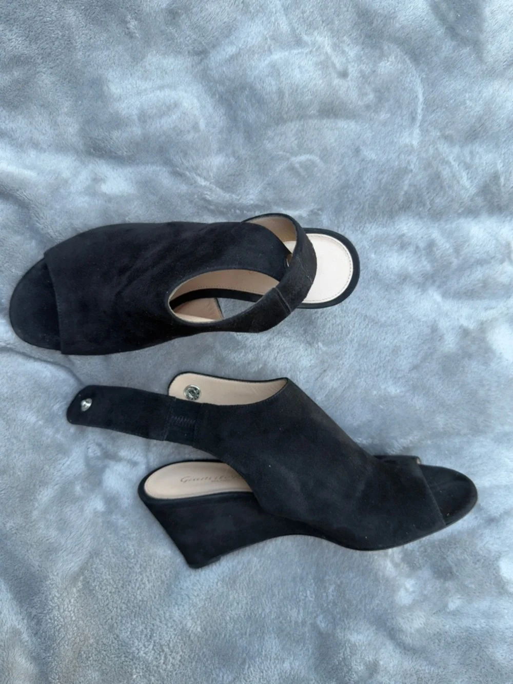 Gianvito Rossi Black Suede Wedge Peep-Toe Slingback Sandals
